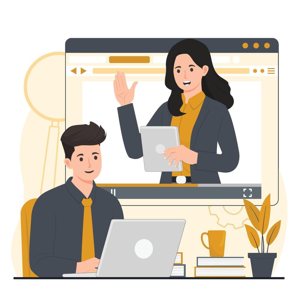 Online learning online education online course Man and woman sitting in front of laptop and waving hand. Man and woman working on computer in office. vector