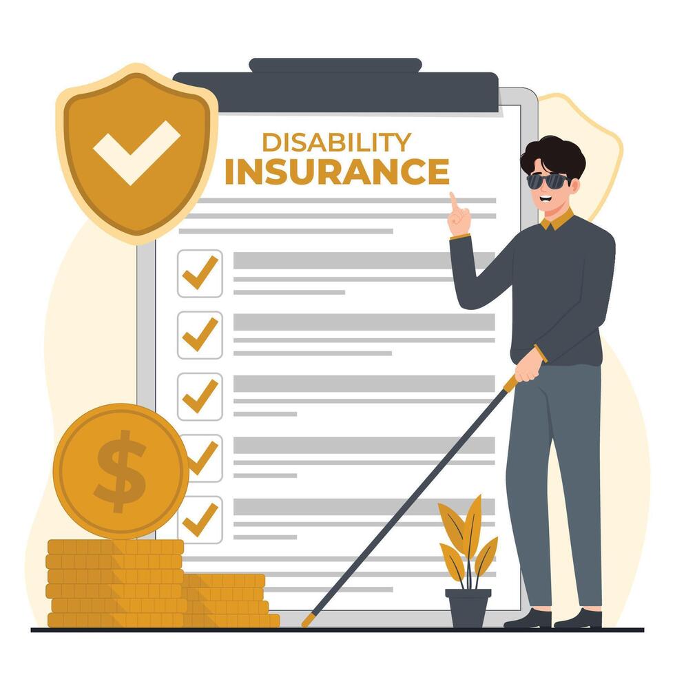 Disability insurance concept. blind Man in safety glasses and gloves standing near claim form. illustration in flat style vector