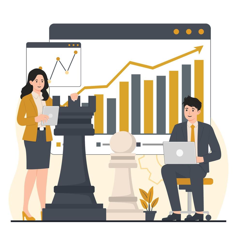 Business strategy concept Businessman and businesswoman standing near chess board with graphs and charts. illustration in flat style vector