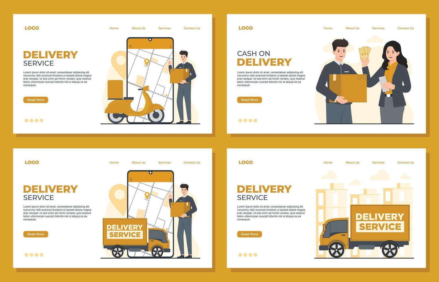 Delivery service landing page template concept set. cash on delivery cargo truck scooter flat illustration vector