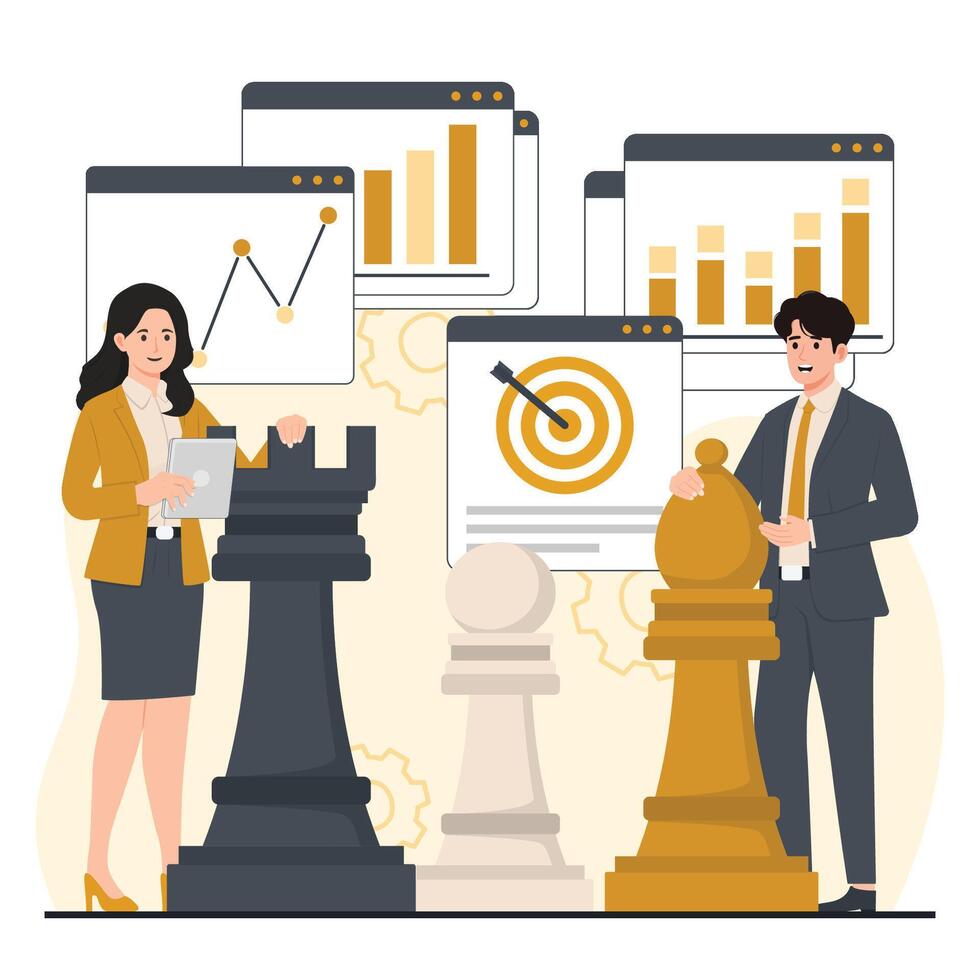 Business strategy concept Business people working in office illustration. Businessman and businesswoman planning strategy, planning, management, teamwork. vector