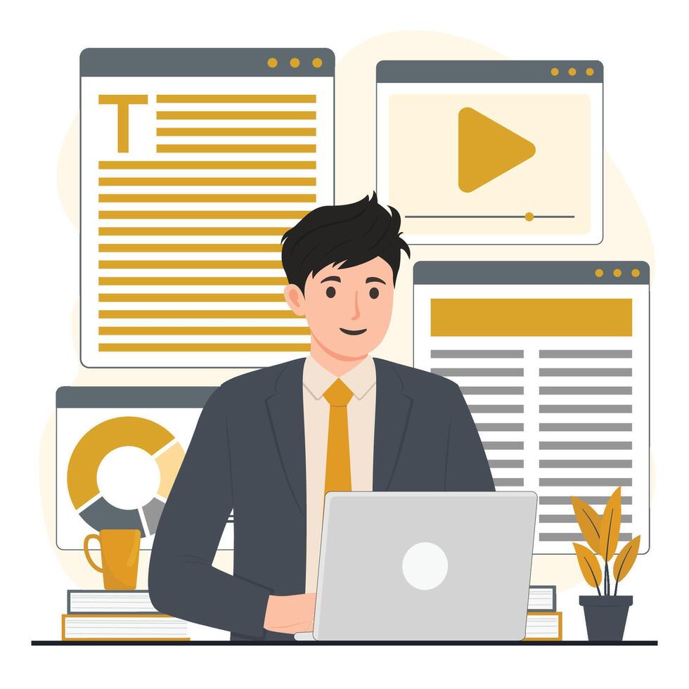 Online learning online education online course Man working on laptop in office. illustration in a flat style vector
