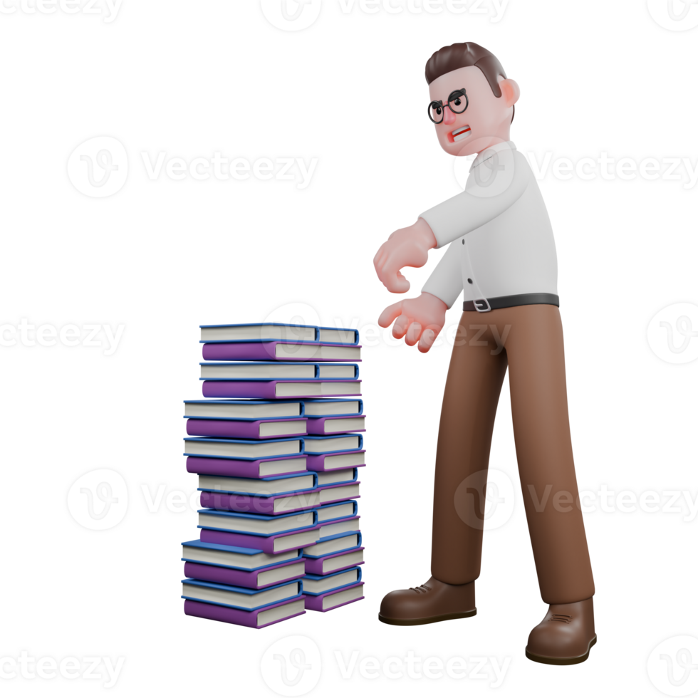 Male Sociologist 3D Model. A male sociologist is standing up wanting to pick up several stacks of books in front of him. Male Professional png