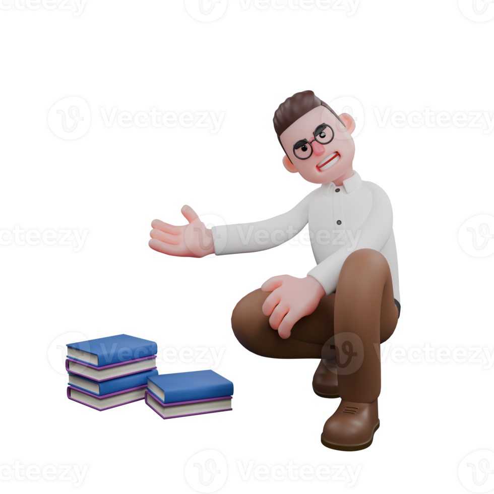 Illustrative 3D Male Sociologist. A male sociologist is sitting crouching with his hand reaching out at the pile of books in front of him. Male Professional png