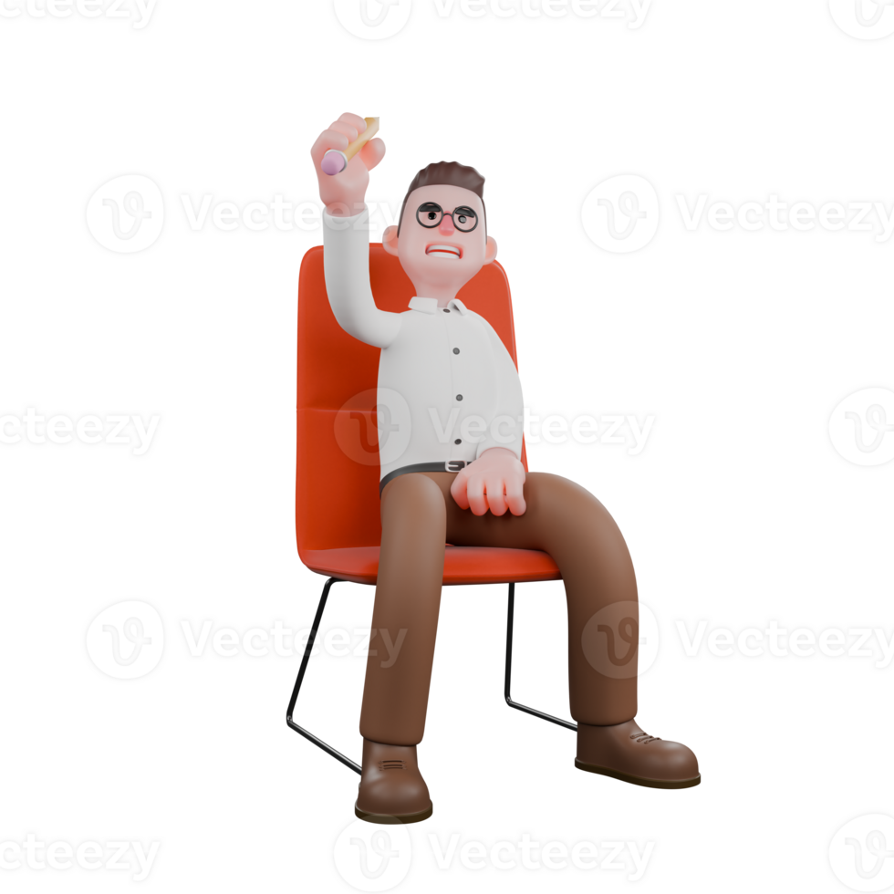 Professional Sociologist Character in 3D. A male sociologist is sitting on a chair with a pencil. Male png