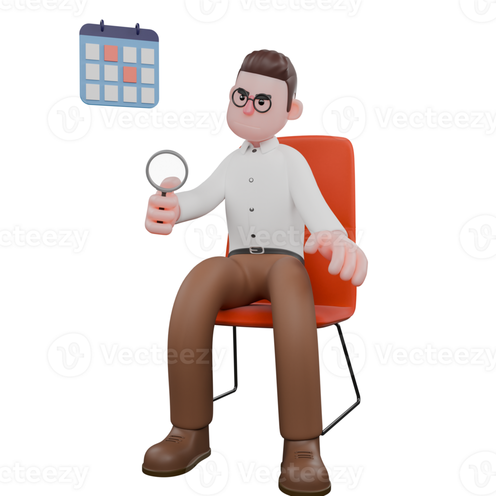 Animated Professional Sociologist. A male sociologist sits under a calendar while holding a magnifying glass in his left hand. Male Professional png