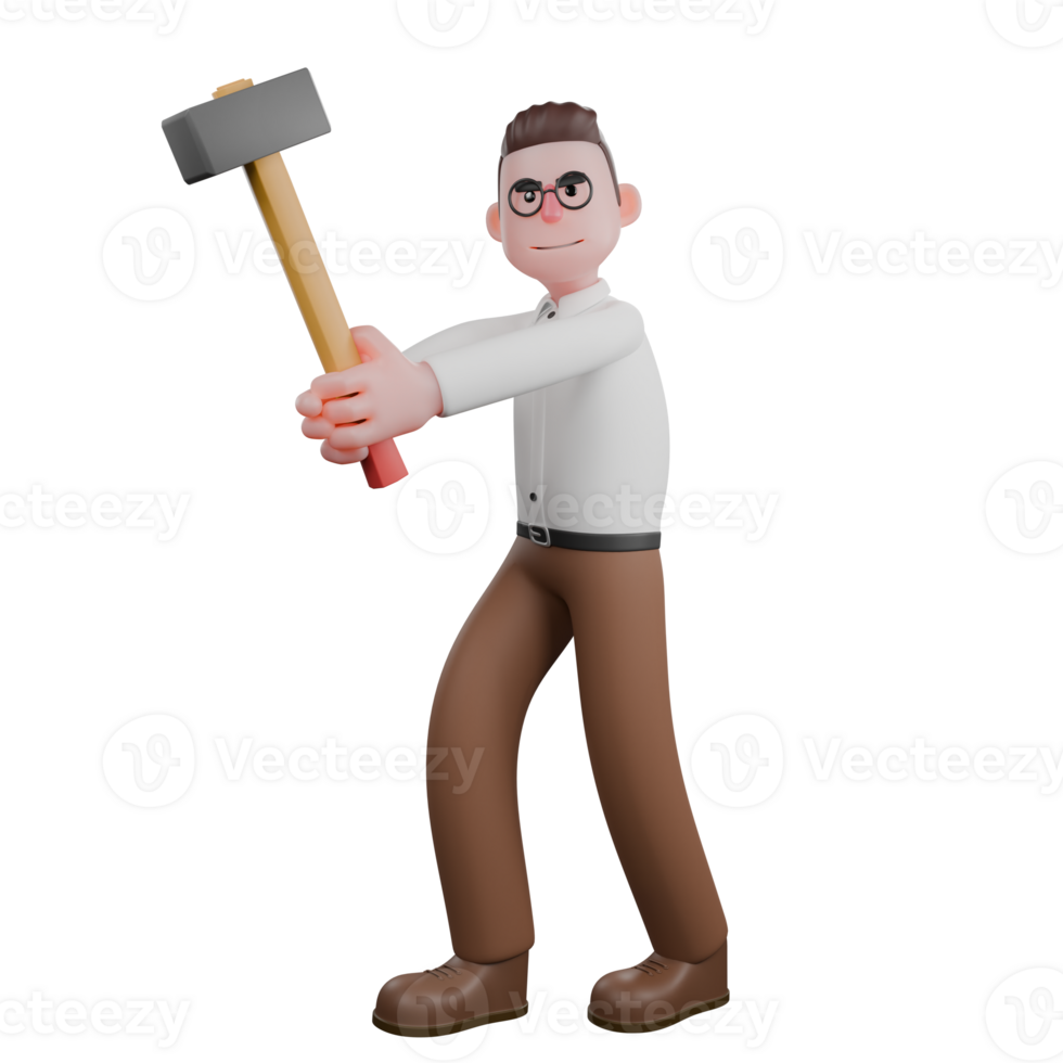Sociologist in 3D. A male sociologist stands holding a large hammer with both hands. Male Professional png