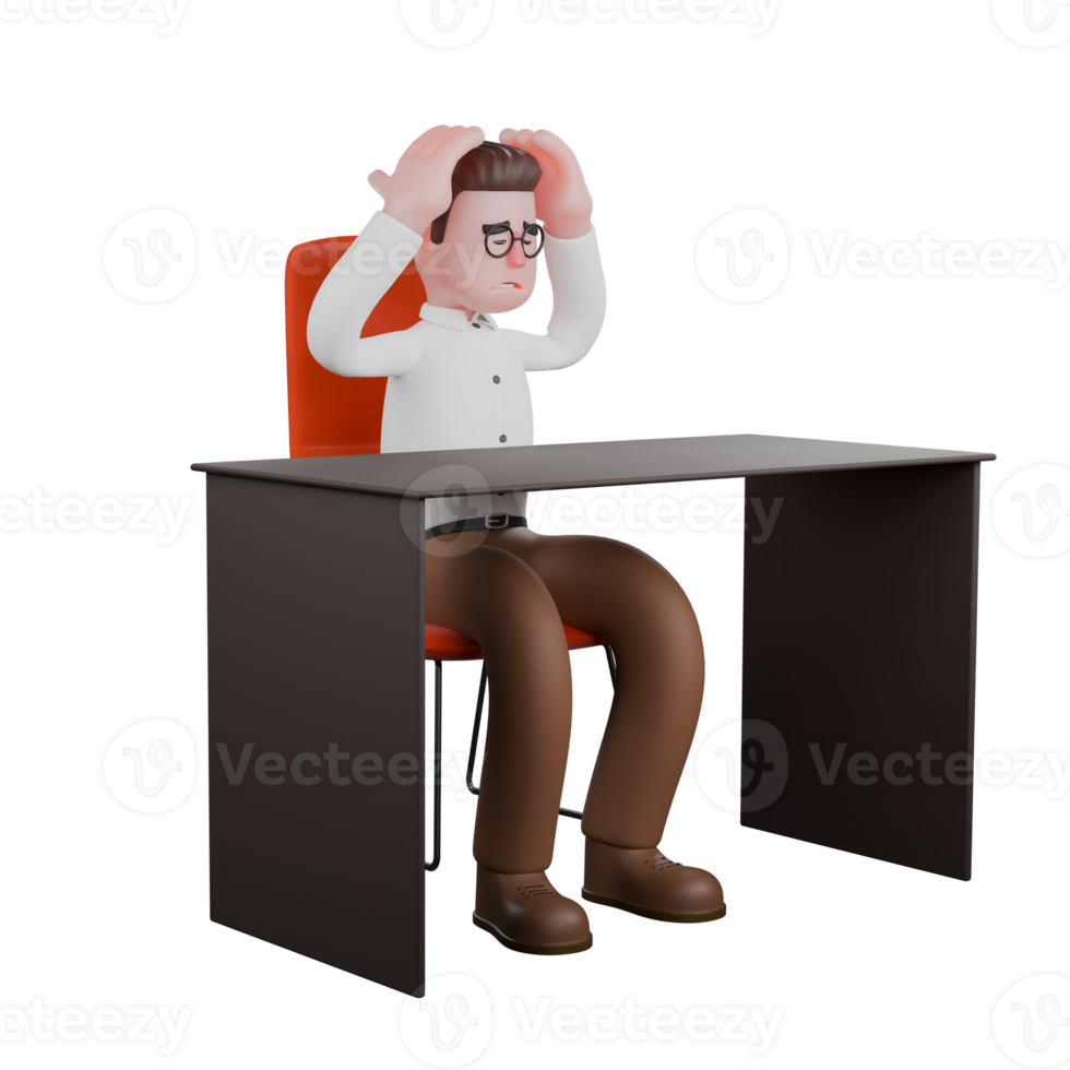 Male Sociologist 3D Model. A male sociologist is sitting on his desk chair while both hands holding his head. Societal Cartoon png