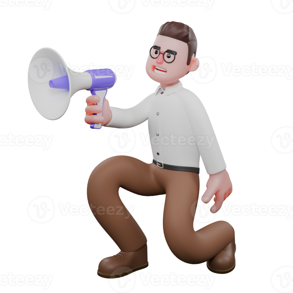 Male Sociologist 3D Model. A male sociologist is sitting crouching while carrying a loudspeaker. Cartoon Illustrated png