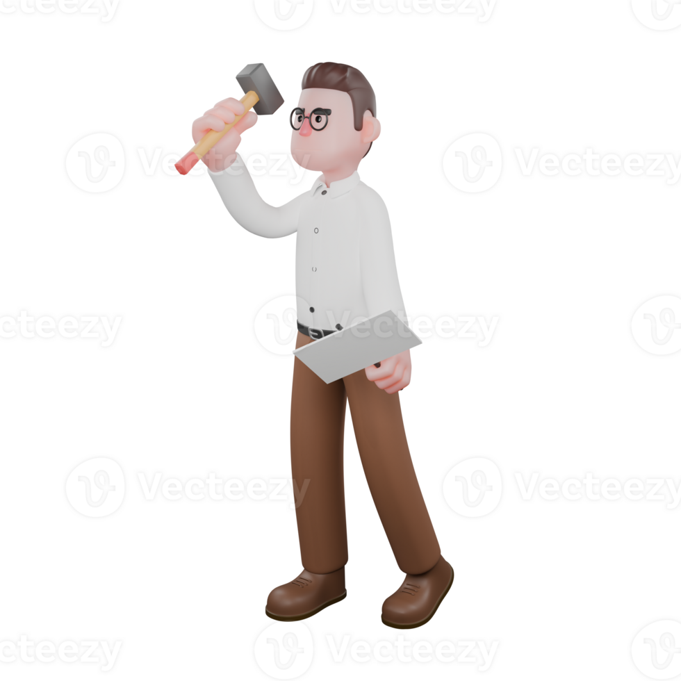 Sociologist in 3D. A male sociologist is standing while holding a hammer. Societal png