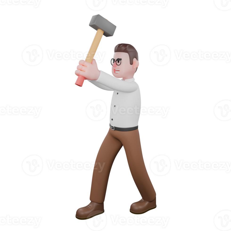 Animated Professional Sociologist. A male sociologist stands with a hammer raised with both hands. Social Research Model png