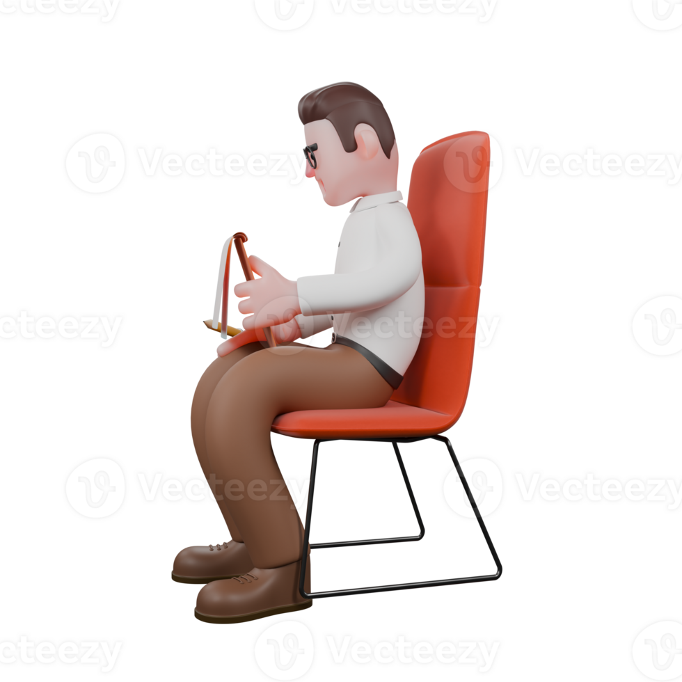Sociologist in 3D. A male sociologist is sitting on a chair while holding a clipboard. Cartoon Illustrated png