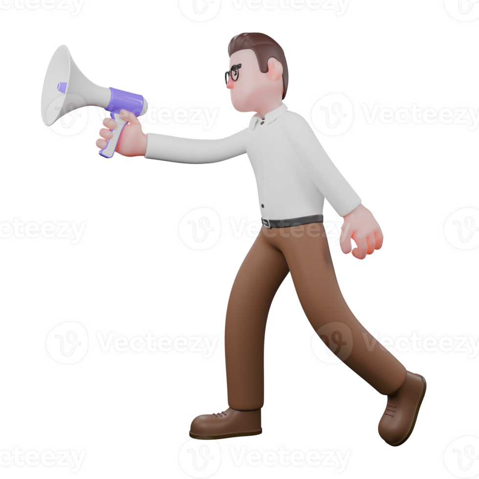 Male Sociologist 3D Model. A male sociologist is walking while carrying a loudspeaker. Societal png