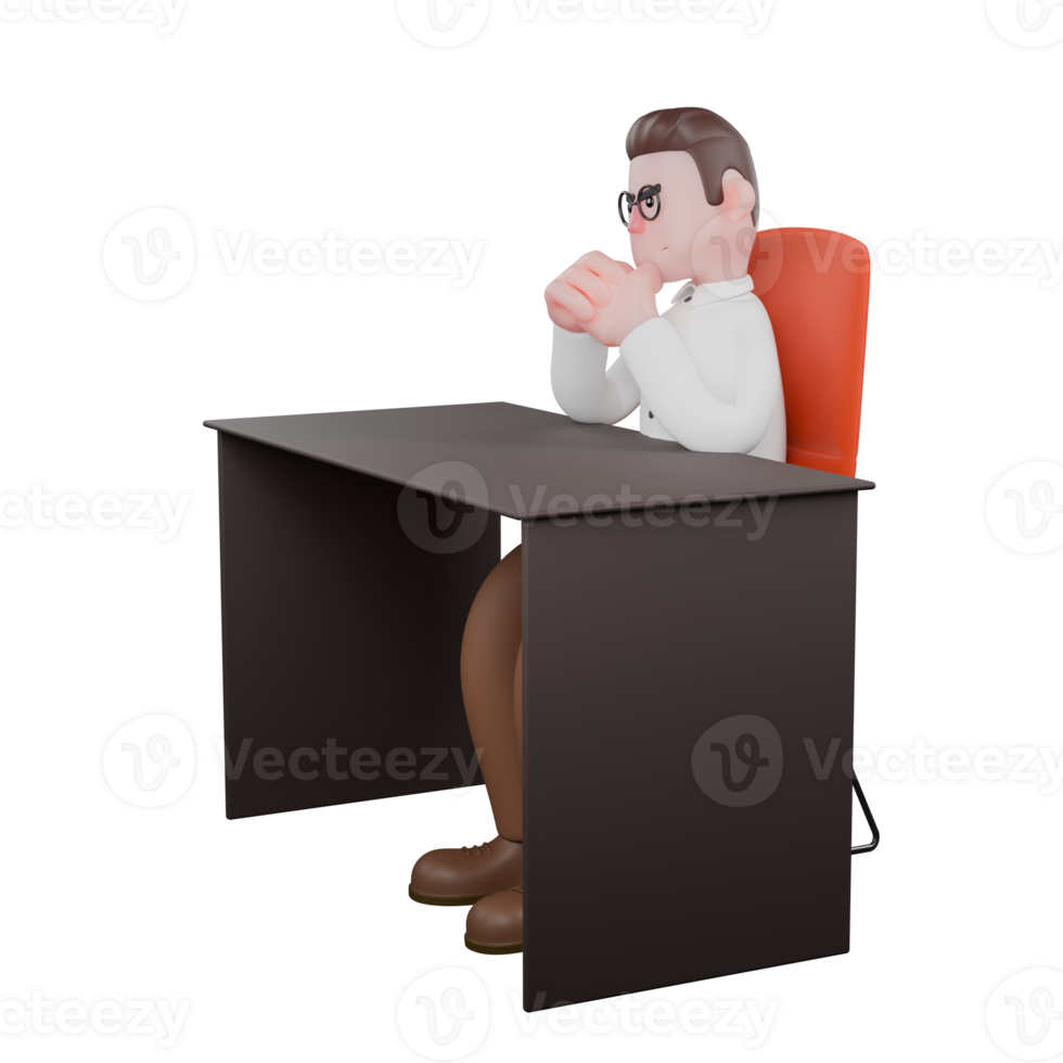 3D Societal Sociologist Male. A male sociologist is sitting thoughtfully on his desk chair while stacking his palms in front of his chin. Male png