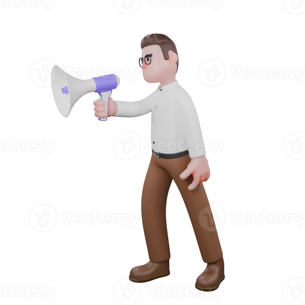 Male Professional Sociologist - 3D Character. A male sociologist is walking while talking with a loudspeaker. Societal Cartoon png