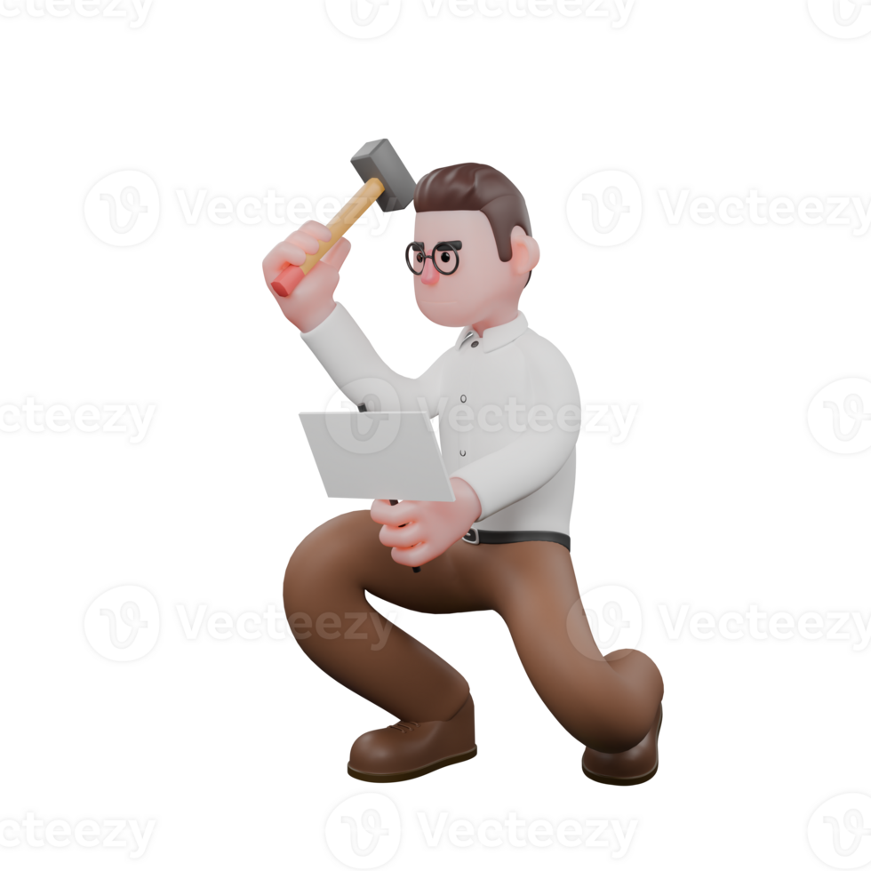 Male Sociologist 3D Model. A male sociologist is squatting while his right hand is lifting a hammer and his left hand is carrying. Societal png