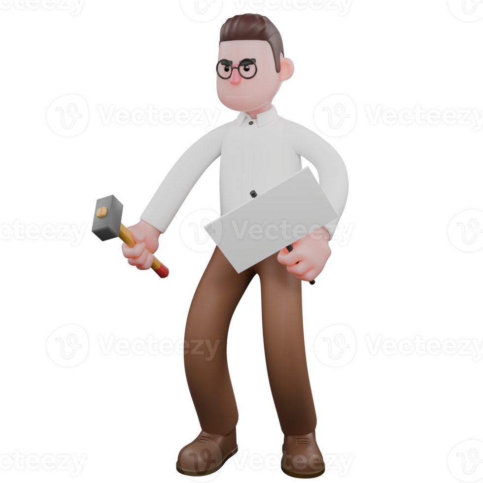 Sociologist in 3D. A male sociologist stands holding a white board and a hammer in both hands. Cartoon Illustrated png