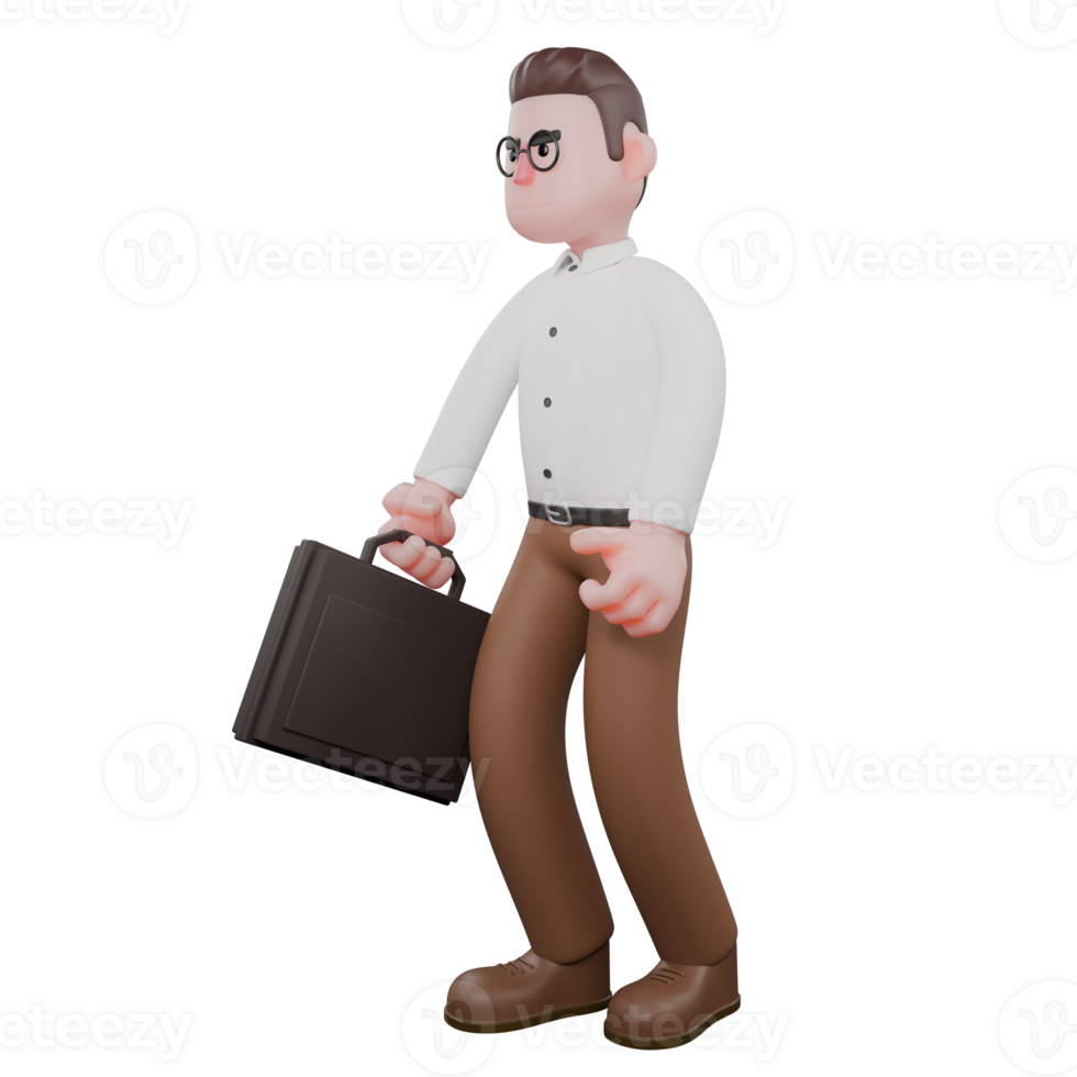 Sociologist in 3D. A male sociologist stands holding a briefcase with an angry expression. Cartoon Illustrated png