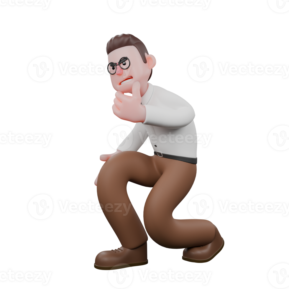 Illustrative 3D Male Sociologist. A male sociologist is sitting squatting with his left hand holding his chin. Cartoon png