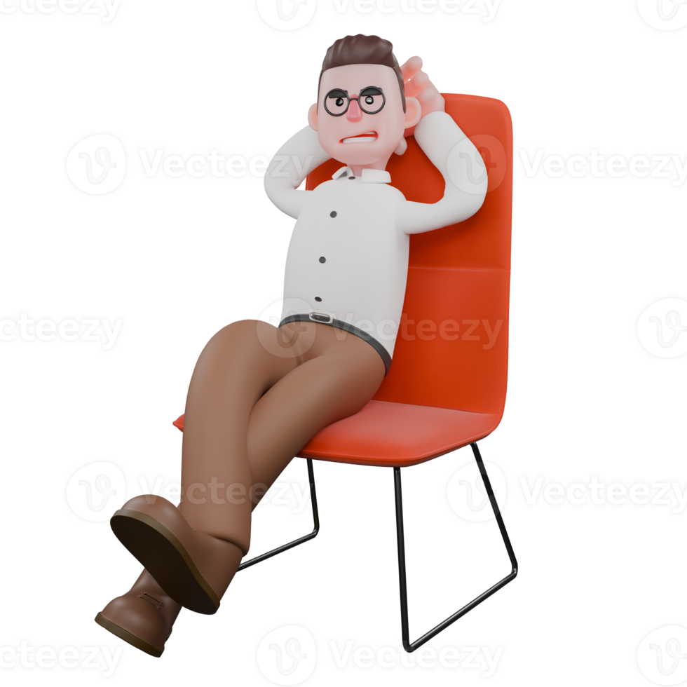 Sociologist in 3D. A male sociologist is sitting relaxed with his hands used as a pillow. Cartoon Illustrated png