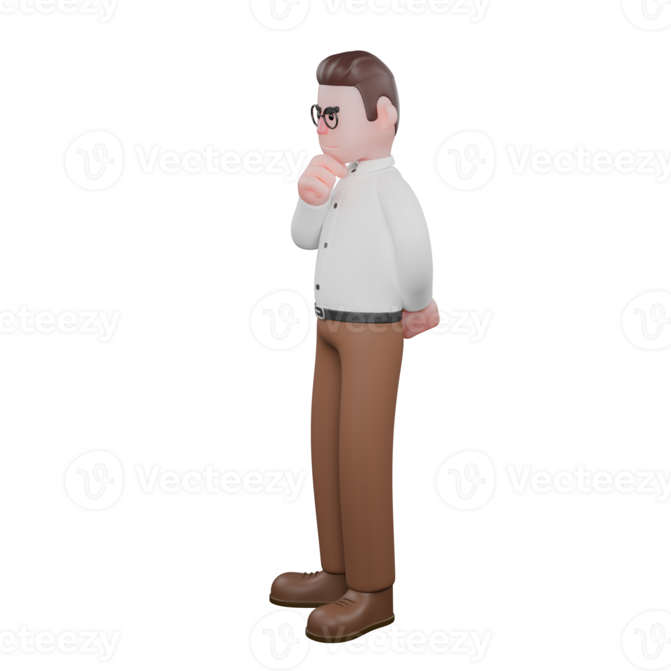 Illustrative 3D Male Sociologist. A male sociologist is standing with his right hand holding his chin and his left hand hidden behind his body. Social Research Model png