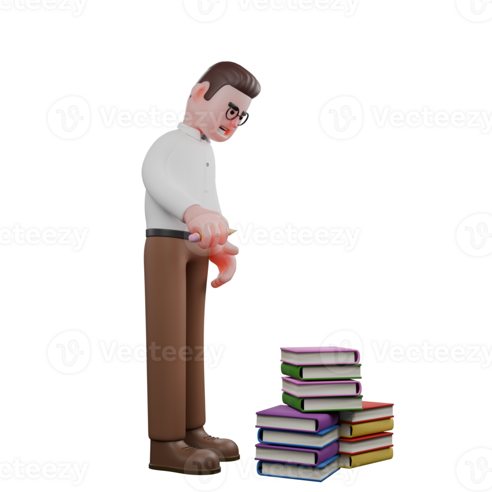 Animated Professional Sociologist. A male sociologist is standing while looking down in front of several piles of books. Male png