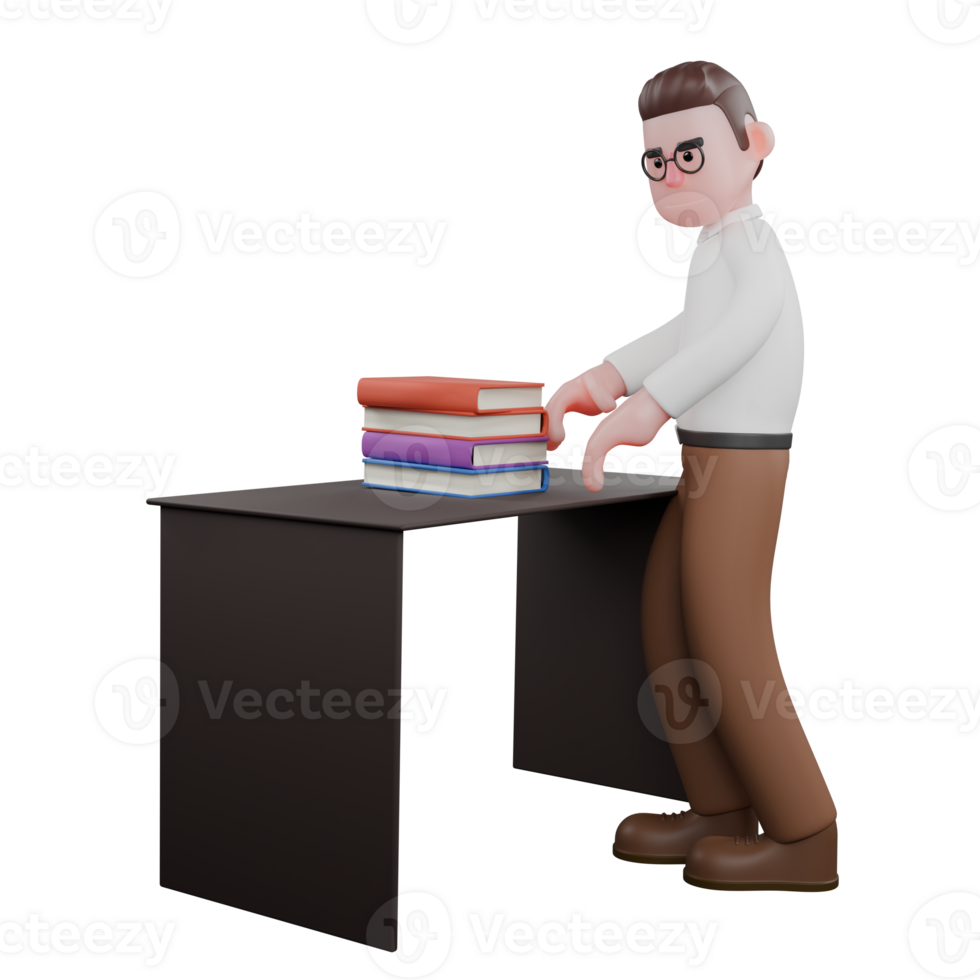Professional Sociologist Character in 3D. A male sociologist is standing and wants to reach some books on the table in front of him. Cartoon Illustrated png