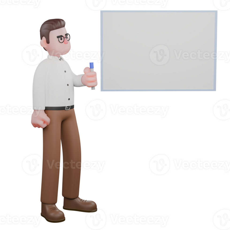 3D Social Expert Sociologist. A male sociologist stands while erasing a blank whiteboard with a blue eraser. Male Professional png