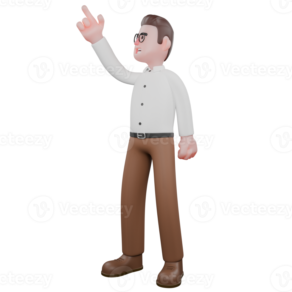 Sociologist in 3D. A male sociologist is standing while giving the symbol of the finger of a gun upwards. Male png