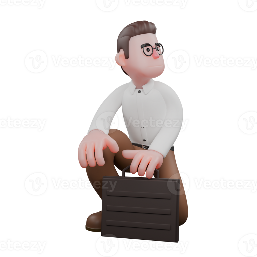 3D Social Expert Sociologist. A male sociologist is sitting squatting while holding a work suitcase. Professional png