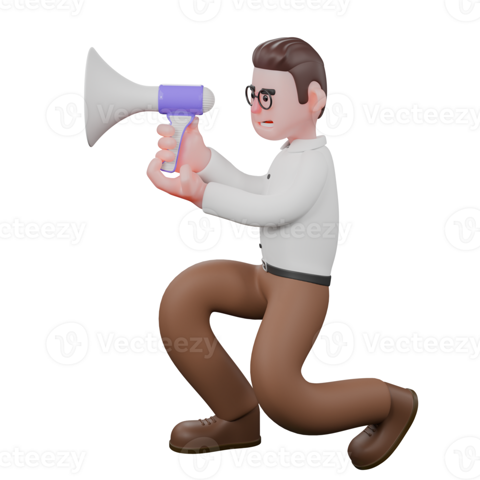 3D Societal Sociologist Male. A male sociologist is squatting while holding a loudspeaker in both hands. Male Professional png