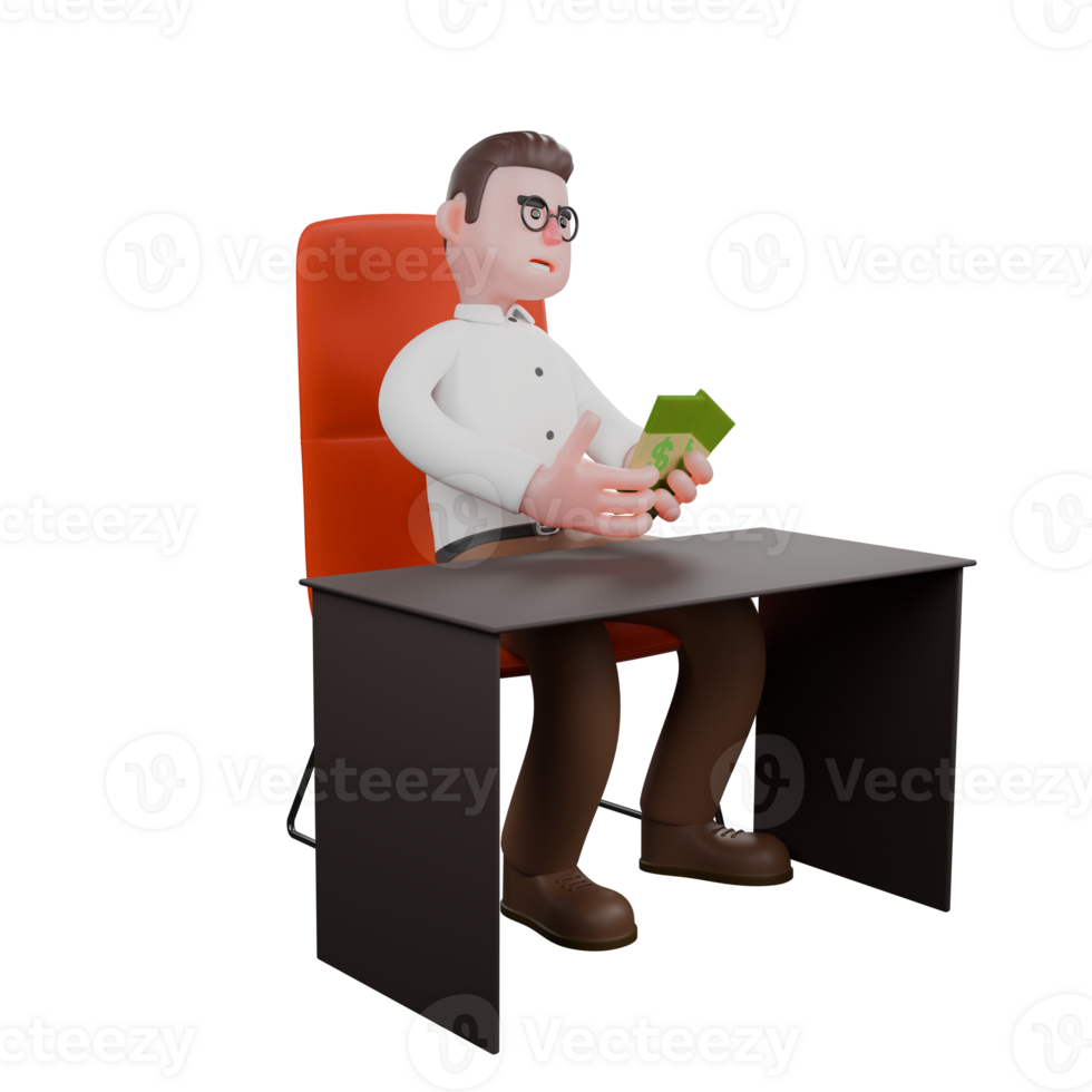 Male Sociologist 3D Model. A male sociologist is sitting on his desk chair while counting some stacks of money. Societal Cartoon png