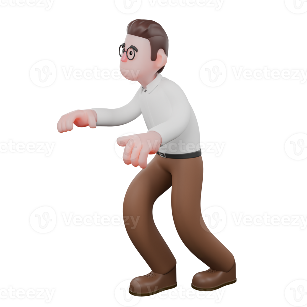 Male Professional Sociologist - 3D Character. A male sociologist is walking like a zombie to the right. Cartoon png