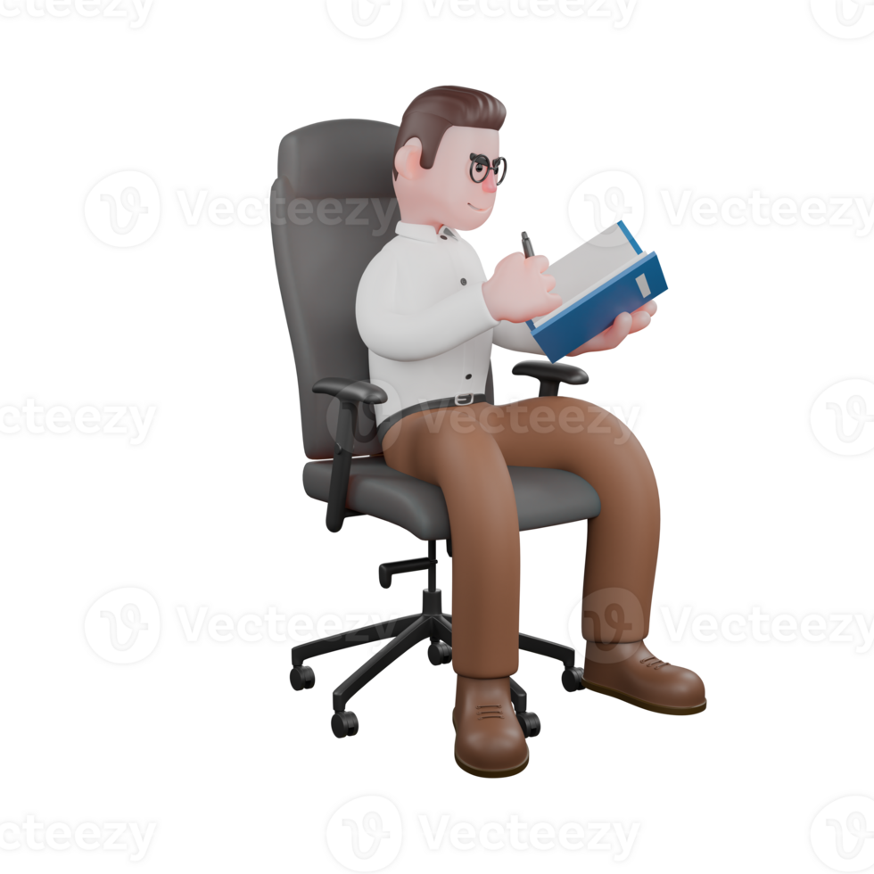 3D Societal Sociologist Male. A male sociologist is sitting on a chair while writing in a blue-covered book. Male png