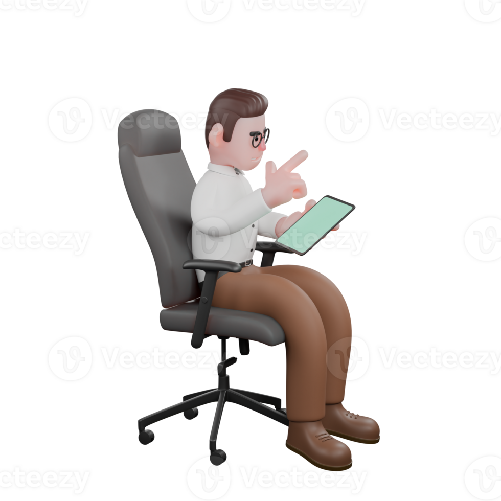 3D Illustrated of Professional Male Sociologist. A male sociologist is sitting on a chair while operating a tablet while giving a finger gun symbol. Male Professional png