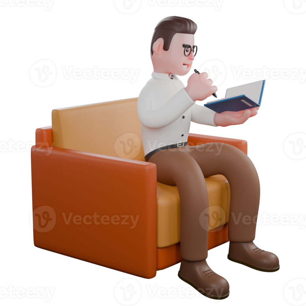 Sociologist in 3D. A male sociologist is sitting on a sofa while writing in a book he is holding. Societal png