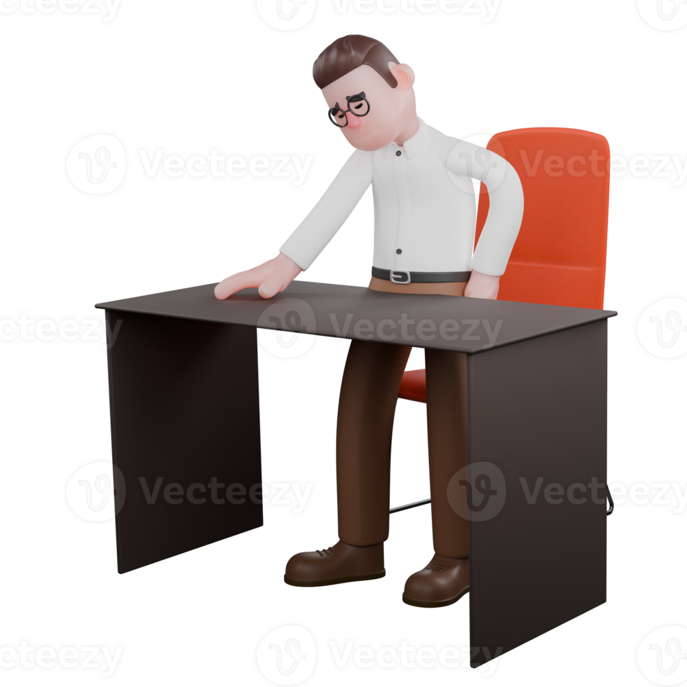 3D Societal Sociologist Male. A male sociologist is standing between his chair and desk with his hands on the table.Professional png