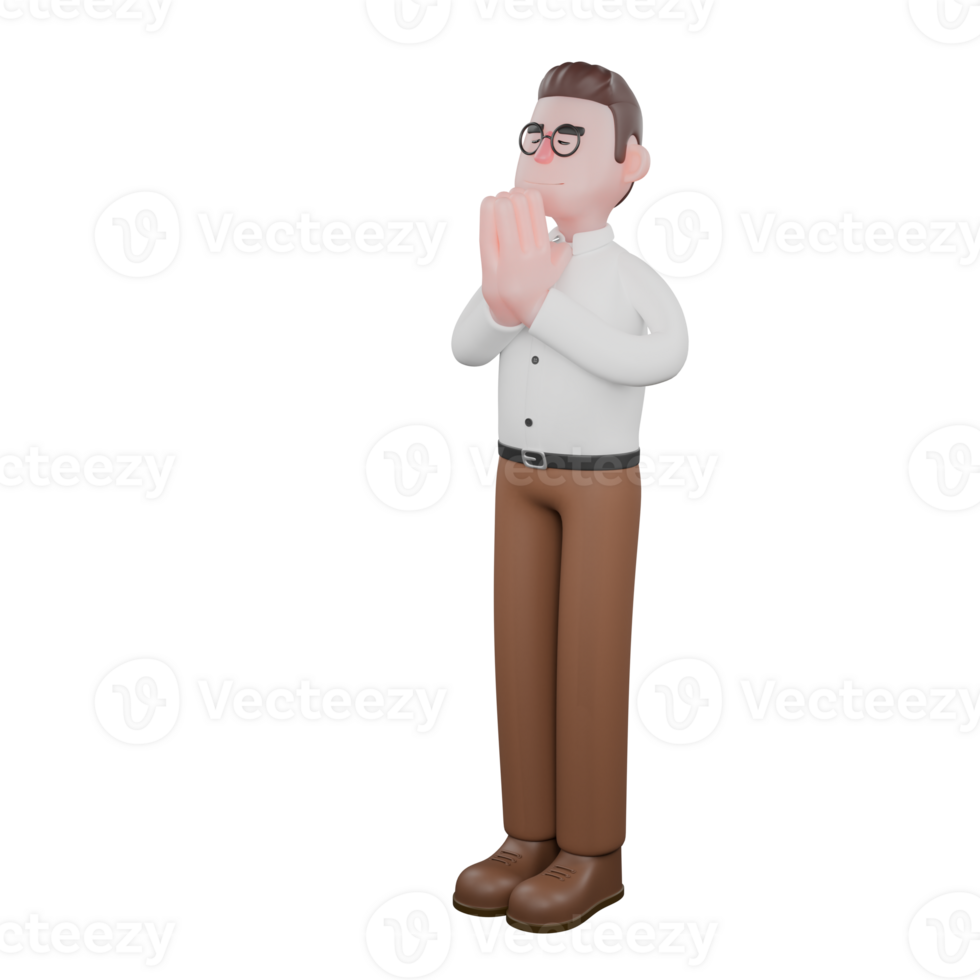 Sociologist in 3D. A male sociologist is standing with both palms touching each other. Male Professional png