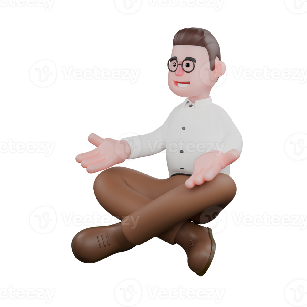 Sociologist in 3D. A male sociologist is sitting cross legged facing the right side and both palms are open on his knees as if doing yoga. Male png