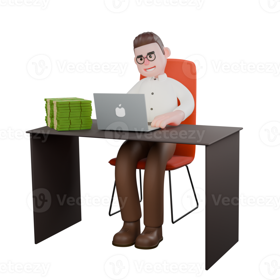 Male Sociologist in 3D Professional Societal. A male sociologist is sitting at his desk while operating a laptop. Male Professional png