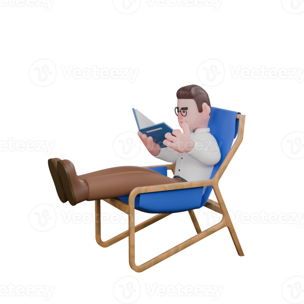 Male Professional Sociologist 3D Character. A male sociologist is sitting on a lounge chair while reading a book and both his legs raised parallel. Male Professional png