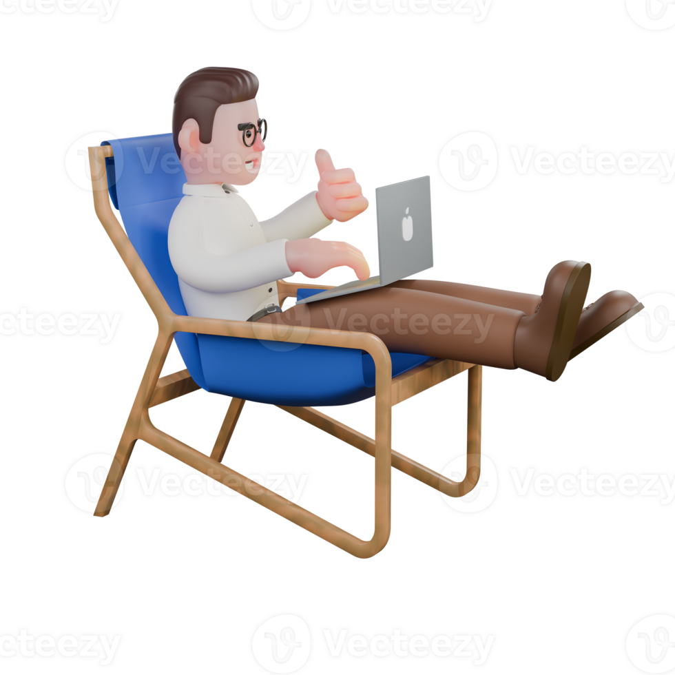 Male 3D Society Sociologist. A male sociologist is sitting on a lounge chair with his legs raised parallel and operating a laptop. Professional Male png