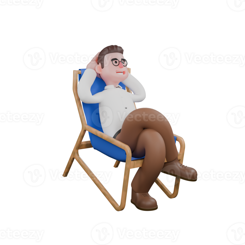 Illustrative 3D Male Sociologist. A male sociologist is sitting leaning back in a lounge chair with his legs crossed and both his hands used as pillows. Cartoon Illustrated png
