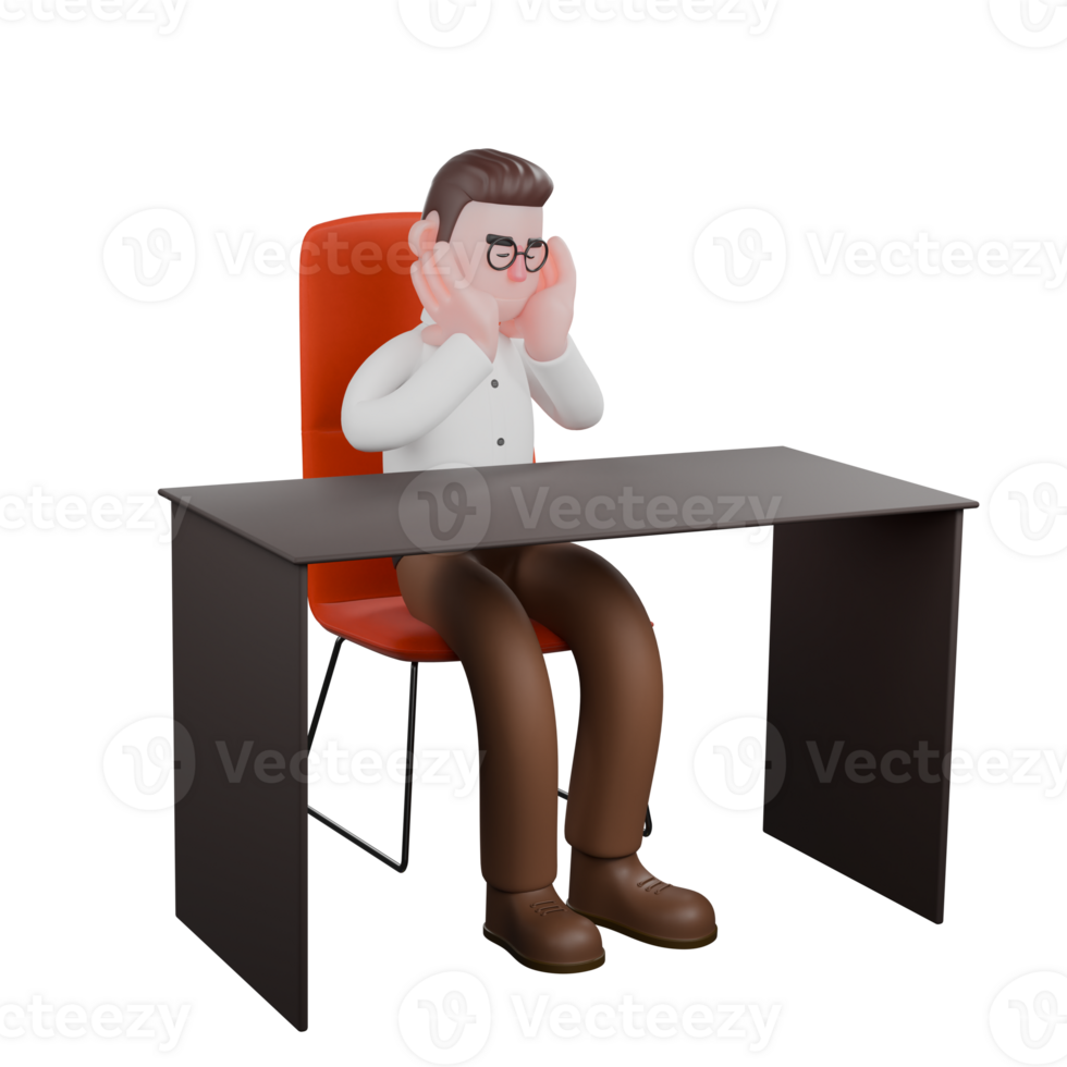3D Illustrated of Professional Male Sociologist. A male sociologist is sitting on his desk chair while holding both hands on his cheeks. Societal png