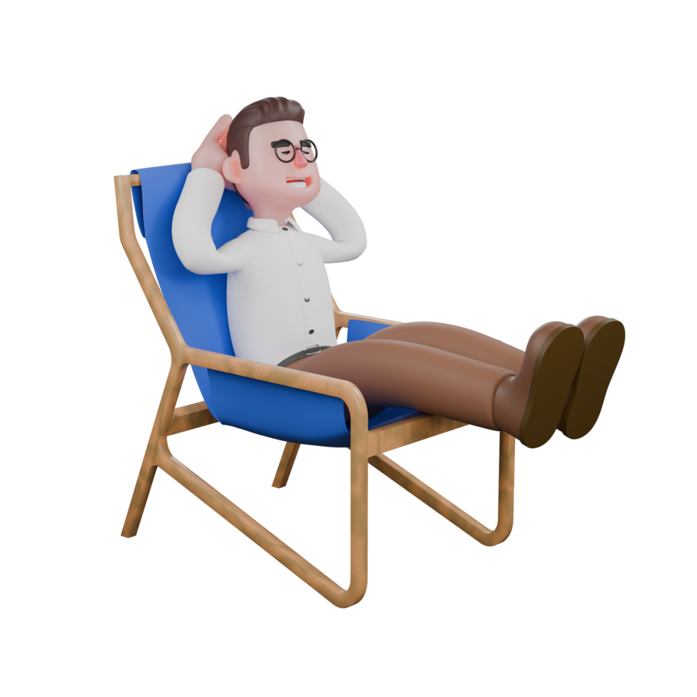 Male Sociologist in Societal 3D. A male sociologist is sitting leaning back in a lounge chair with his legs raised parallel and both his hands used as pillows. Male Professional png