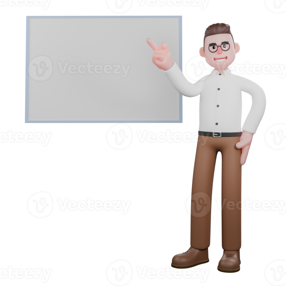 3D Illustrated of Professional Male Sociologist. A male sociologist is standing while pointing at a whiteboard on his right. Social Research Model png