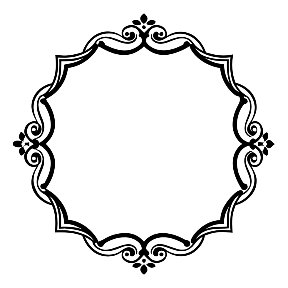 A simple, elegant black and white ornate border frame design. on transparent background. png
