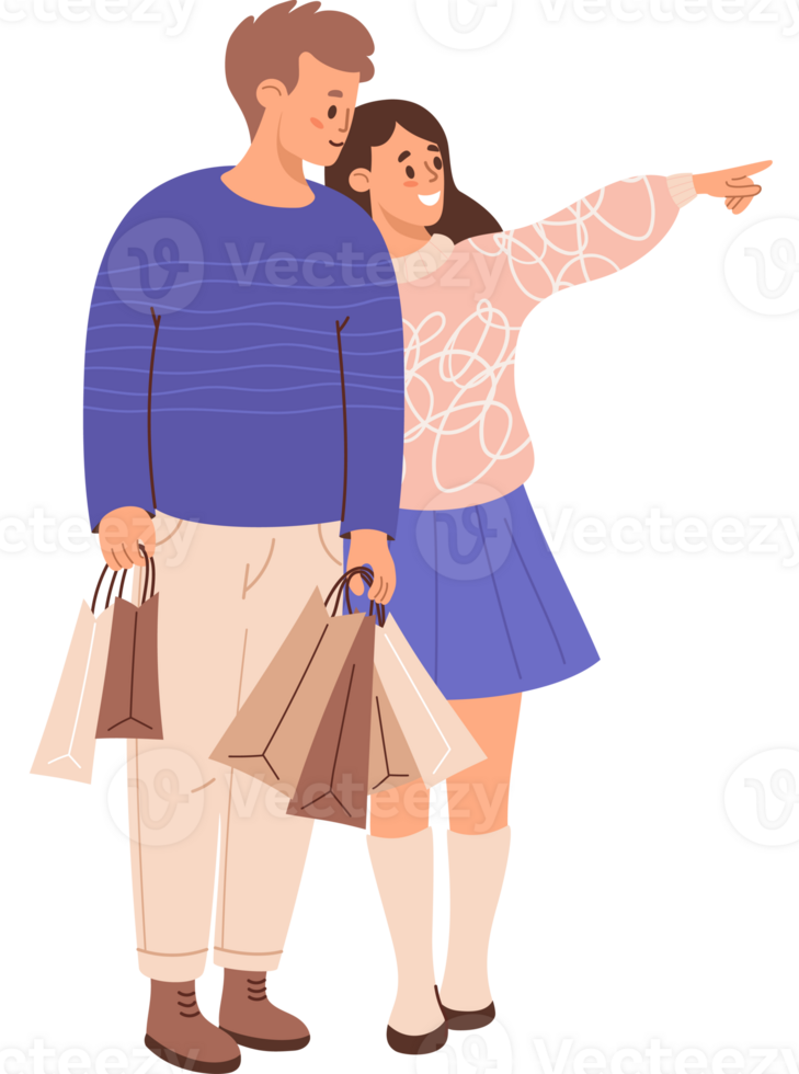 Man and woman on shopping with packages. Holiday shopper character png