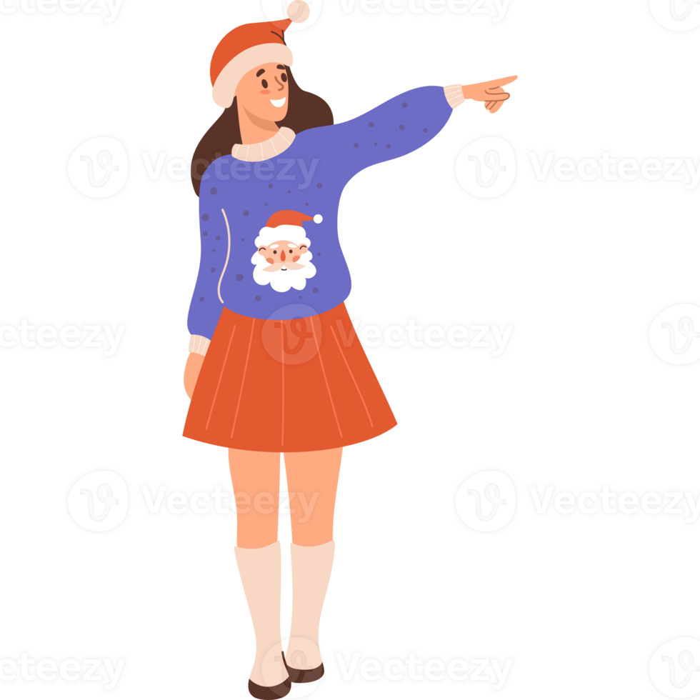 Happy woman in Santa hat and Christmas sweater png