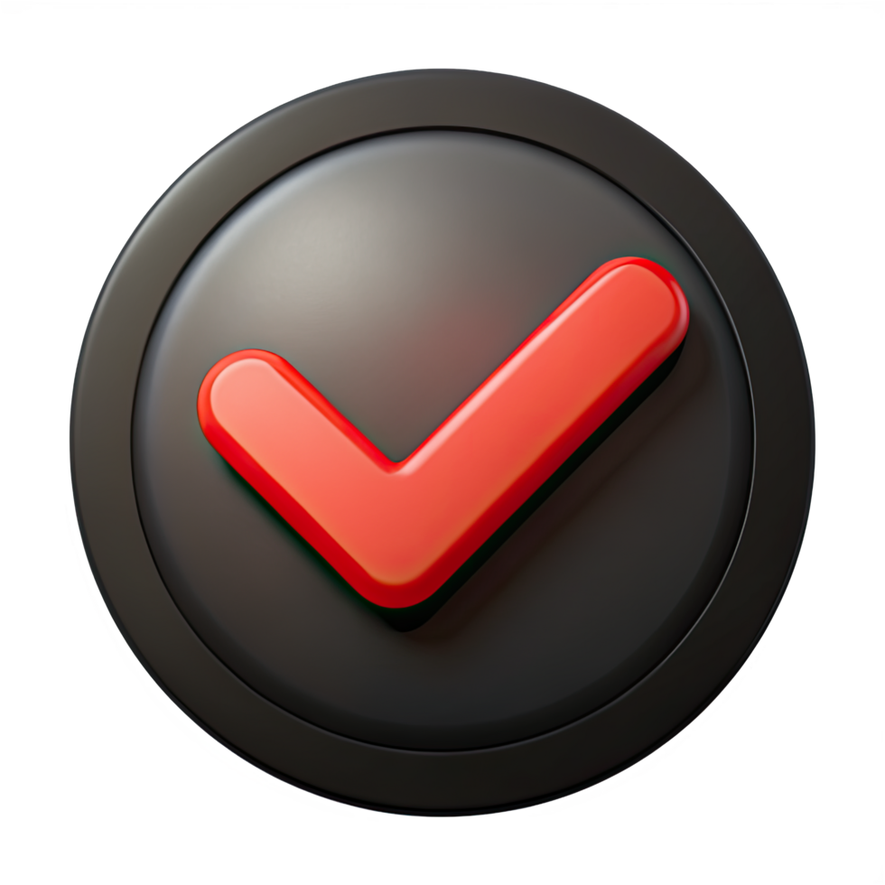 A 3D red check mark icon inside a black circle, against a transparent background. png